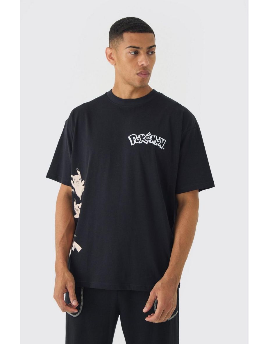 Oversized Pokemon Extended Neck Pikachu License T-shirt - black