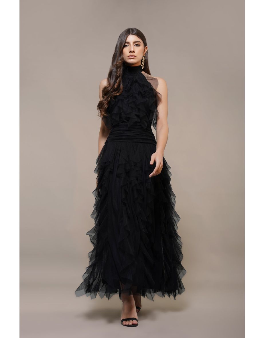 Tabitha Floor Length Ruffle Dress in Black