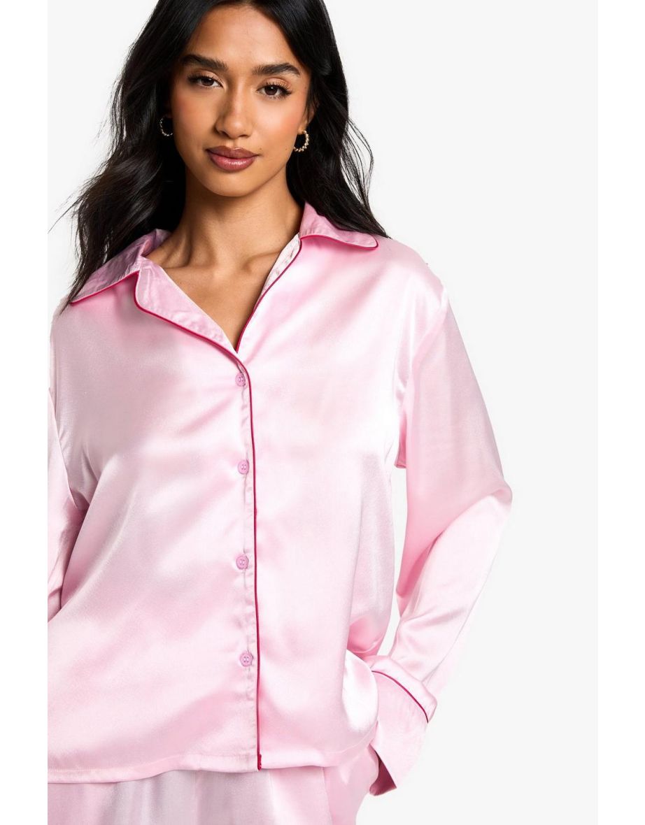 Petite Contrast Piping Satin Pyjama Set - baby pink - 3