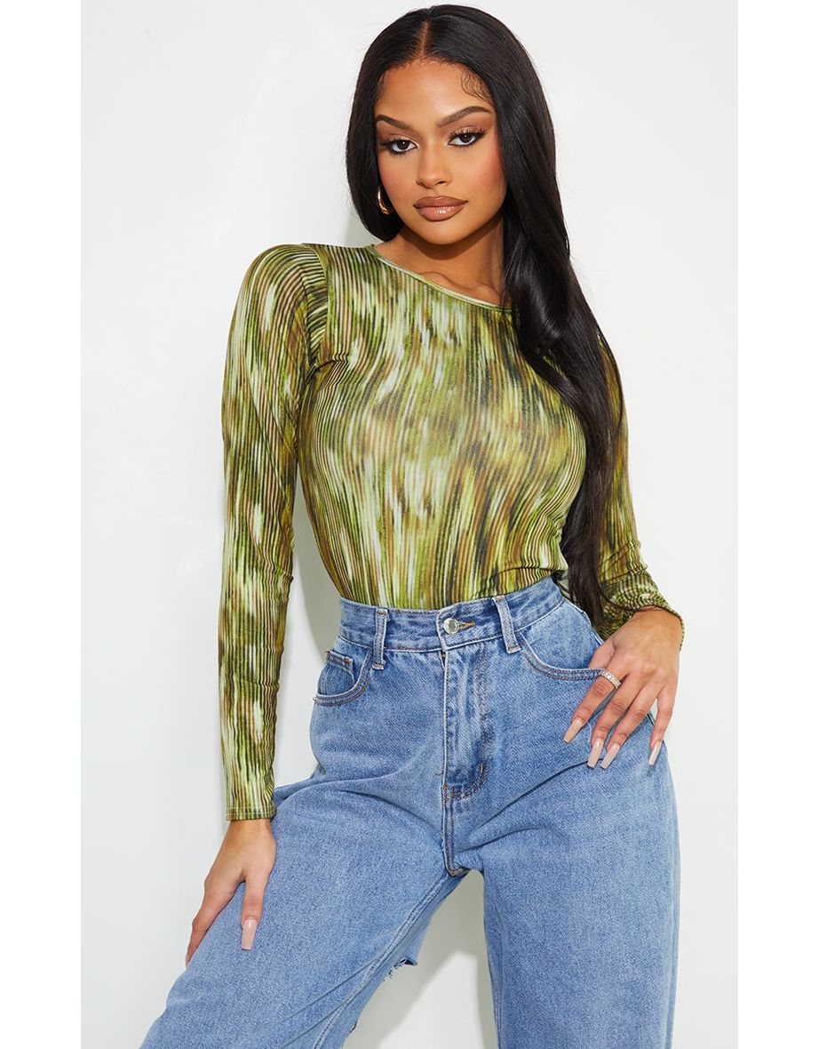 Green Abstract Print Crew Neck Long Sleeve Bodysuit