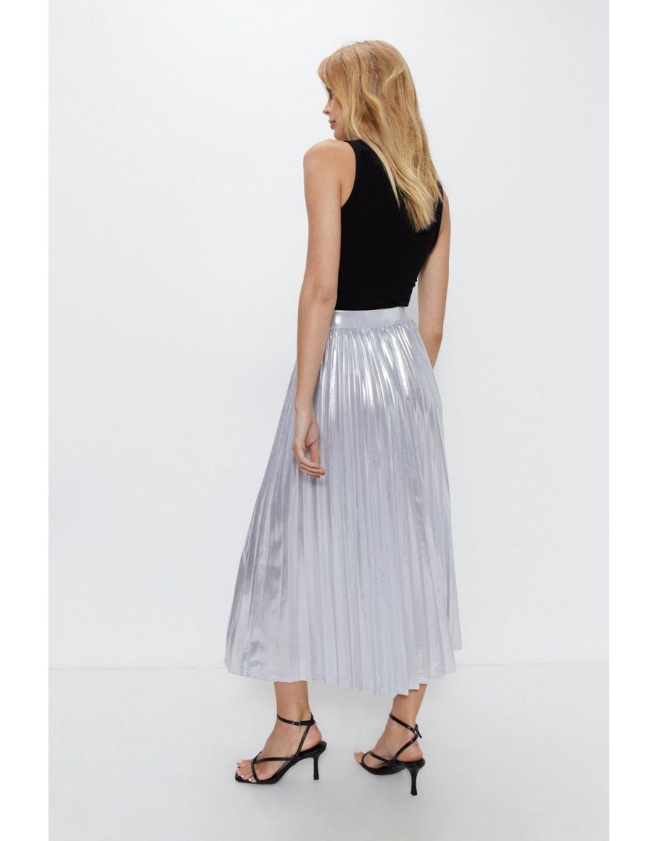 Metallic Lame Pleated Midi Skirt - 3