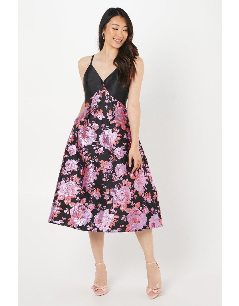 Twill Bodice Jacquard Skirt Midi Dress
