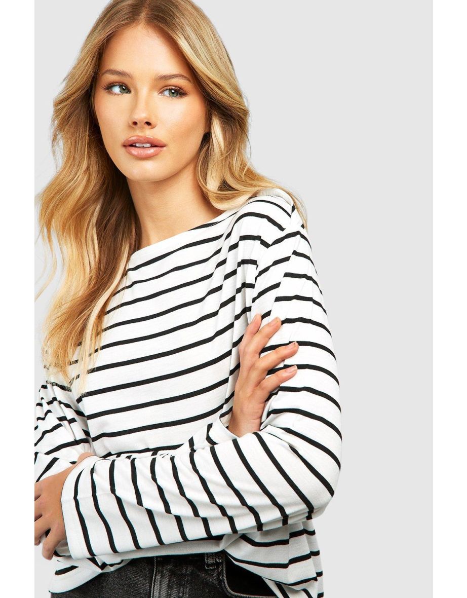 Wide Stripe Slash Neck Top - white - 3