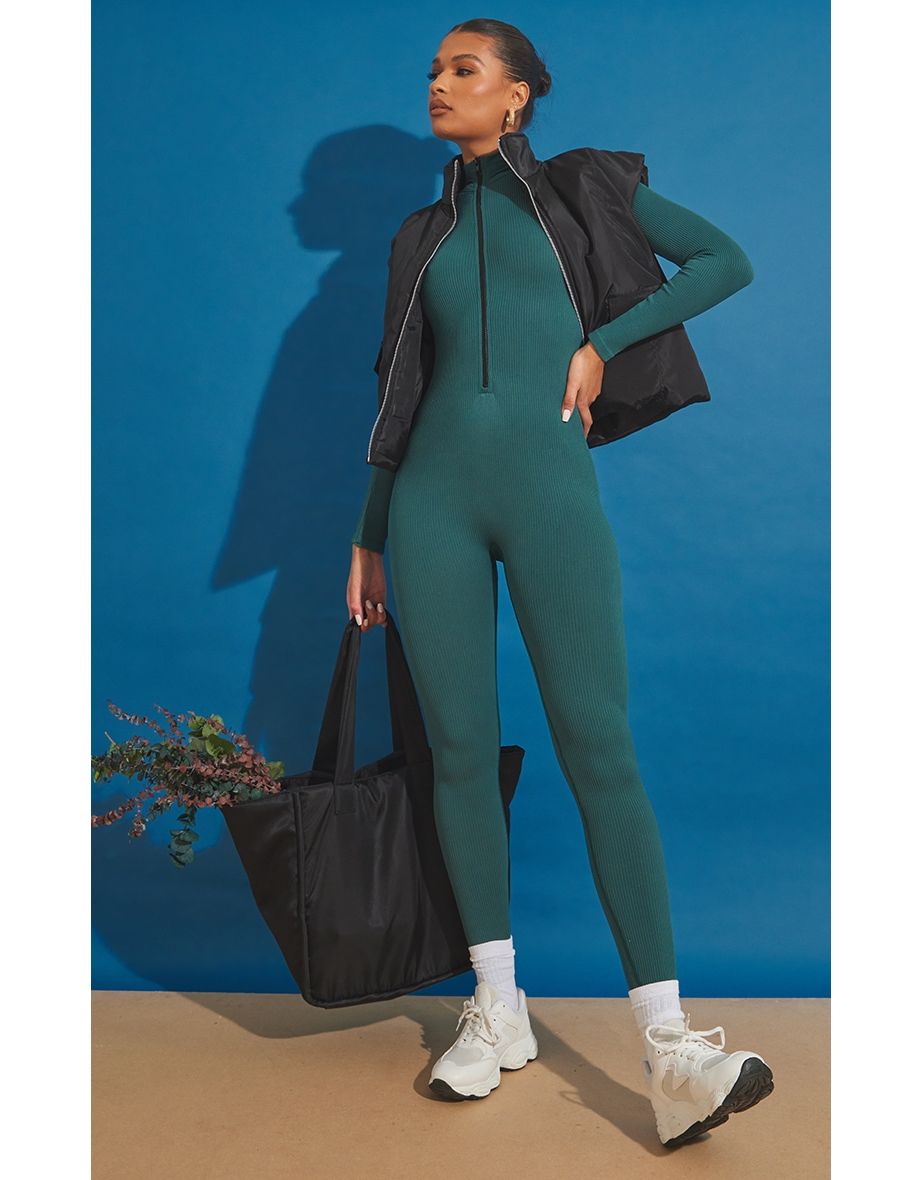 Forest Green Structured Contour Rib Zip Jumpsuit