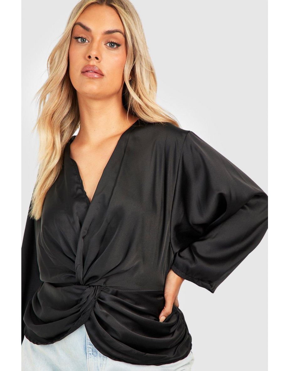 Plus Twist Front Satin Blouse - black