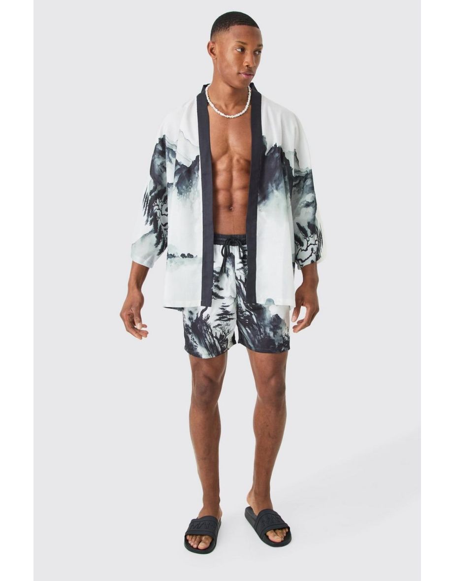 Oversized Printed Kimono Shirt And Swim Short Set - black