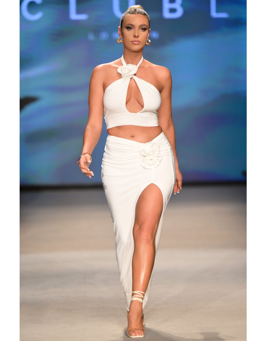 Your Angel | White Thigh Split Maxi Skirt With Flowers - 3