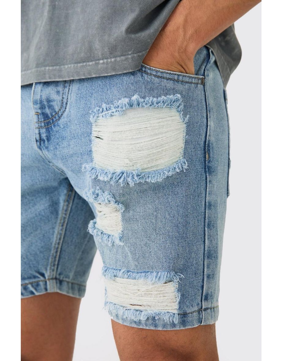 Skinny Ripped Denim Shorts In Light Blue - 2