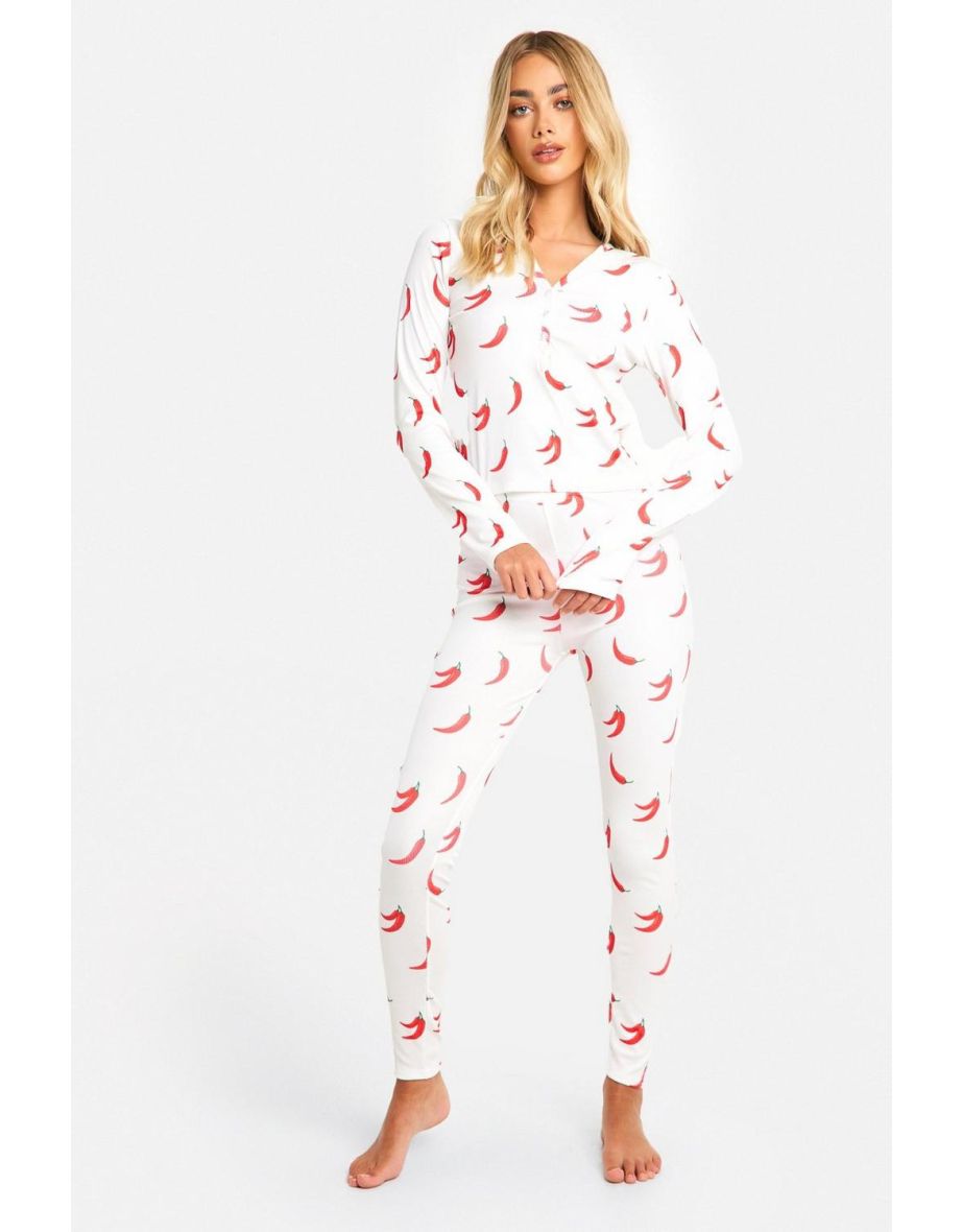 Chilli Print Ribbed Leggings Pyjama Set - white