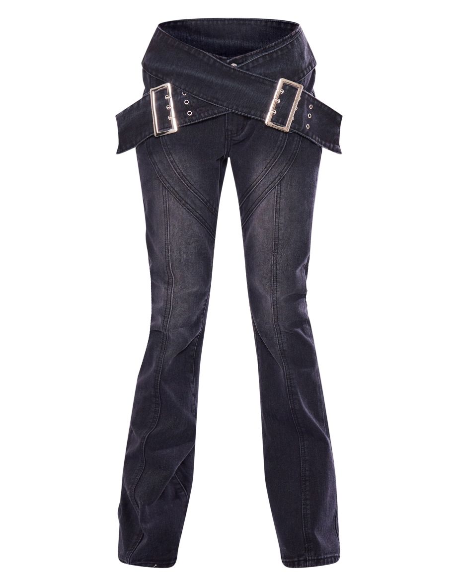 Washed Black Cross Over Belt Flare Jeans - 4