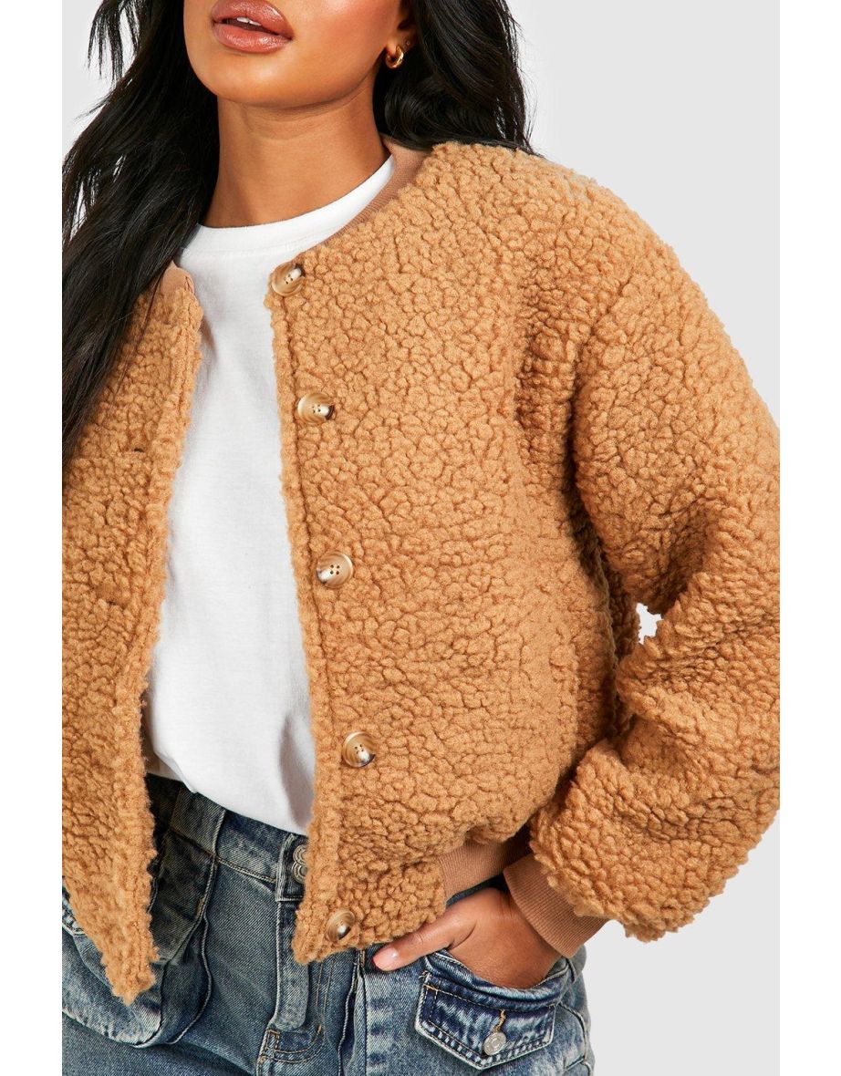 Teddy Faux Fur Bomber Jacket - camel - 3