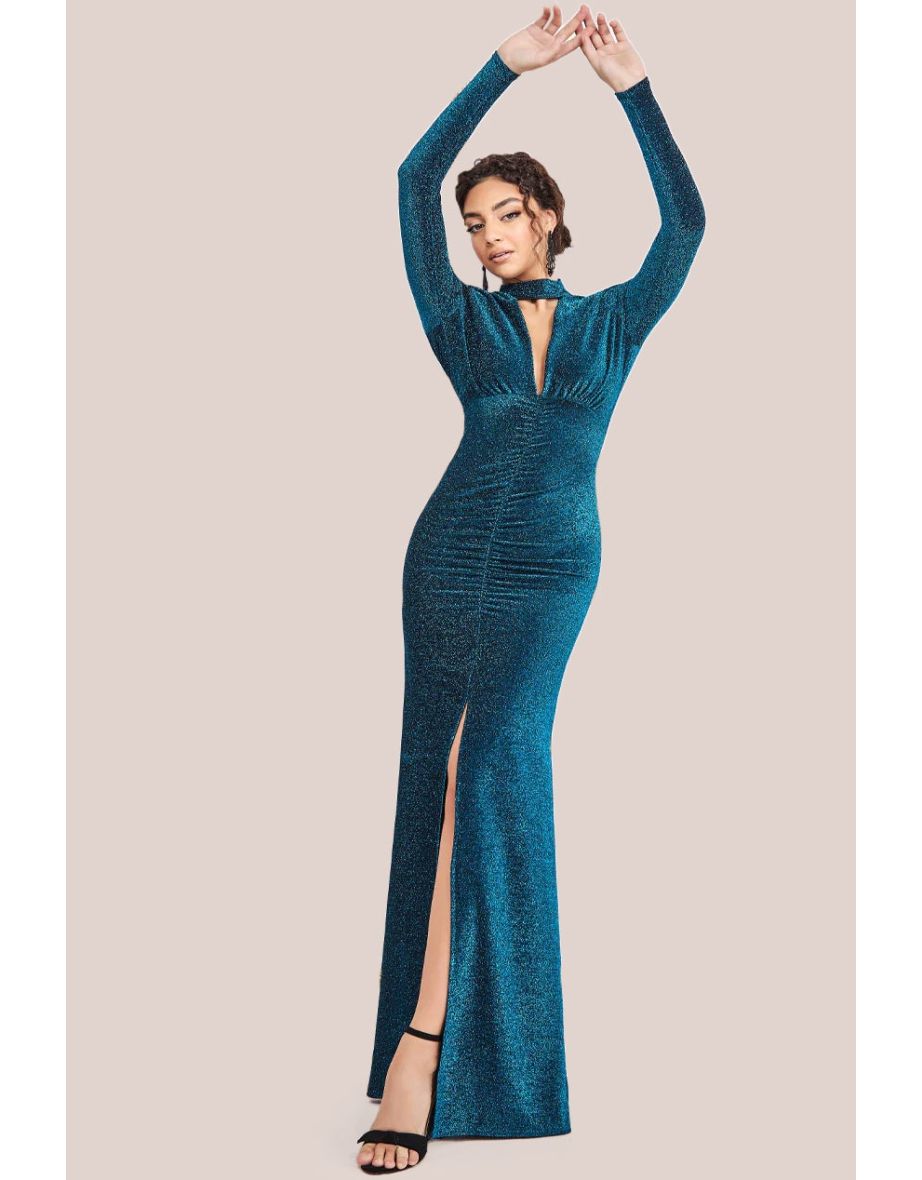 Goddiva High Neck Keyhole Thigh Split Maxi Dress - Blue