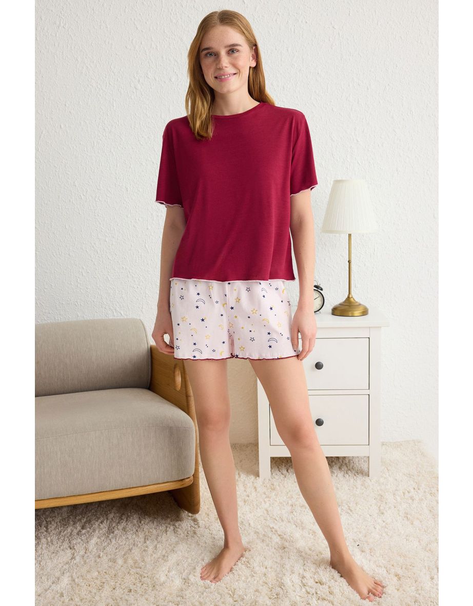Claret Red Cotton Polyester Galaxy Baby Overlock Jersey Knitted Pajama Set