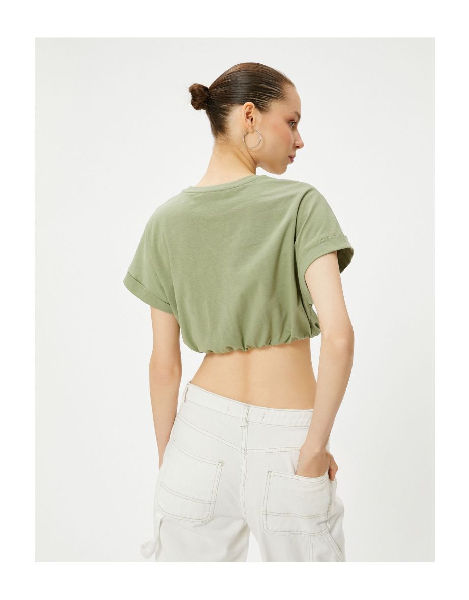 Crop T-Shirt Elastic Hem Short Sleeve Crew Neck Cotton - 5