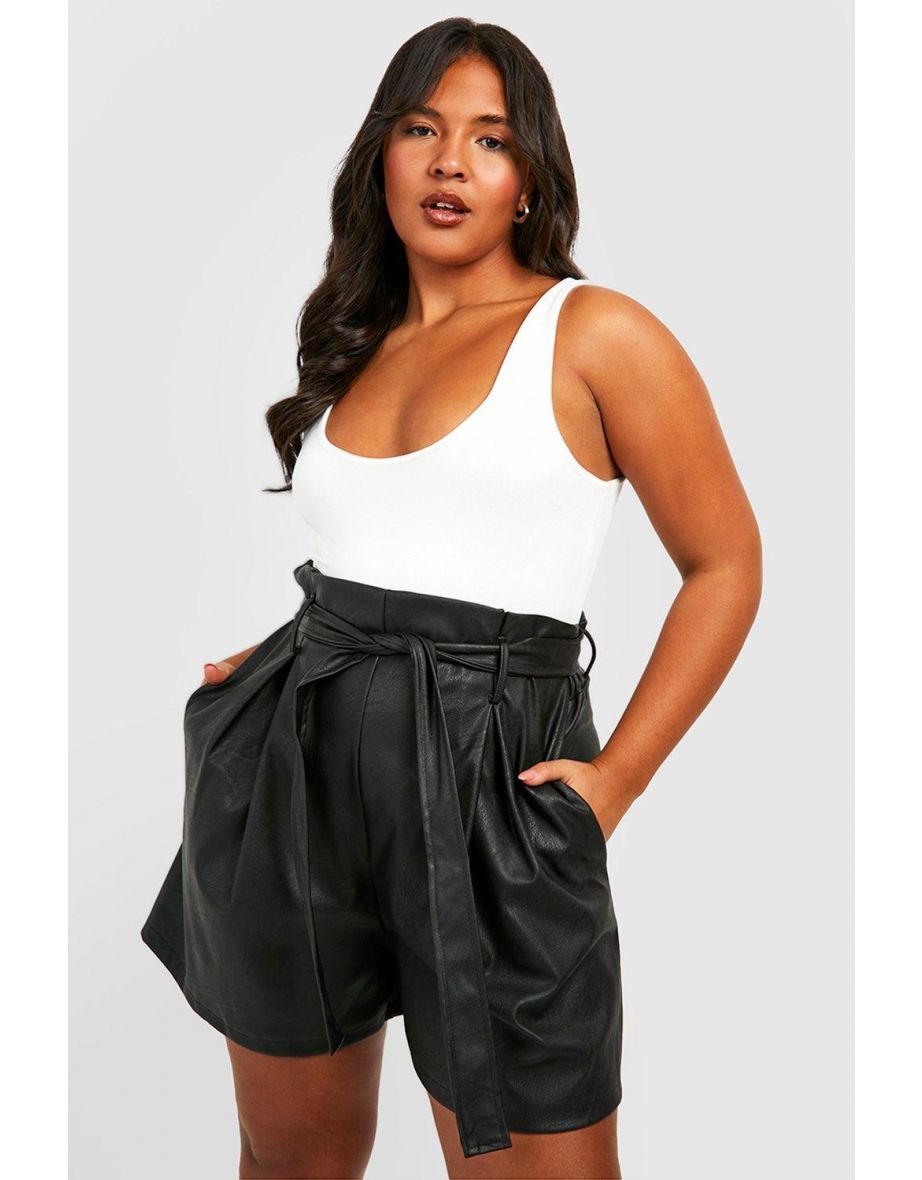 Plus Pu Paperbag Waist Shorts - black