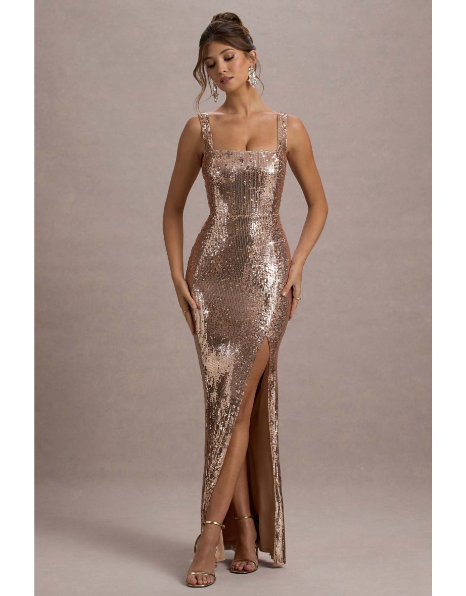 Rose Gold Sequin Square Neck Split Front Maxi Dress