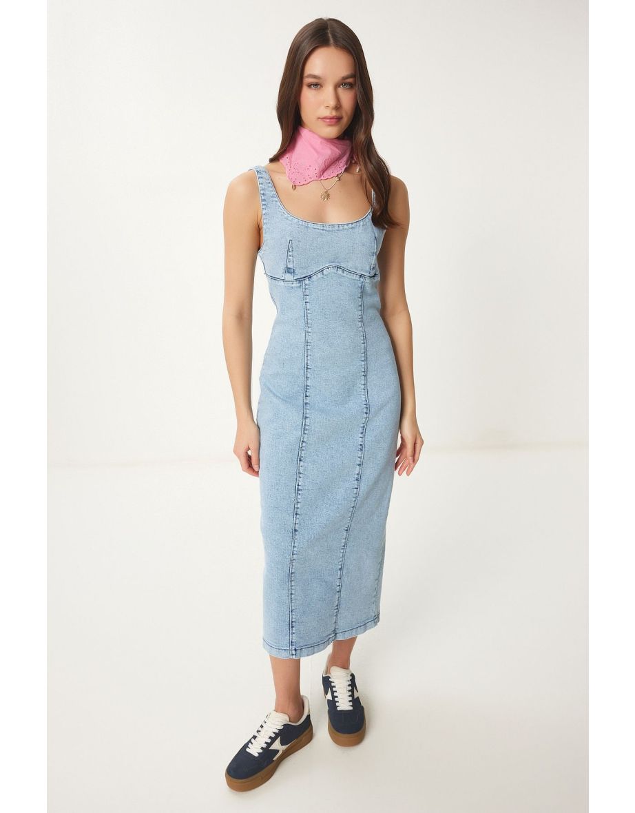 Women's Medium Blue Zippered Straps Denim Dress