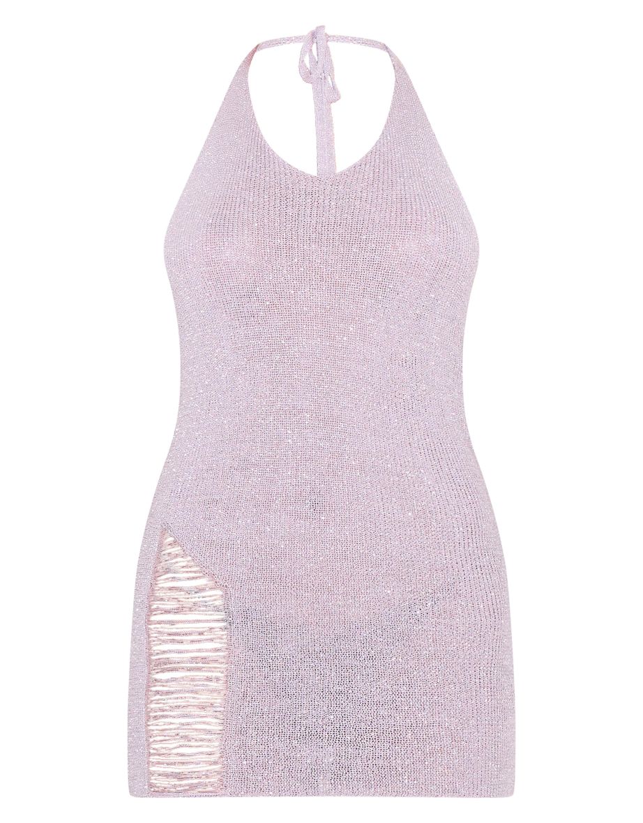 Lilac Glitter Knit Distressed Ladder Halterneck Mini Dress - 4