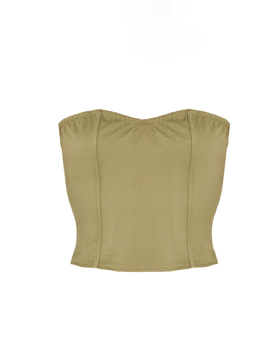 Khaki Twill Buckle Detail Bandeau Corset Top - 4