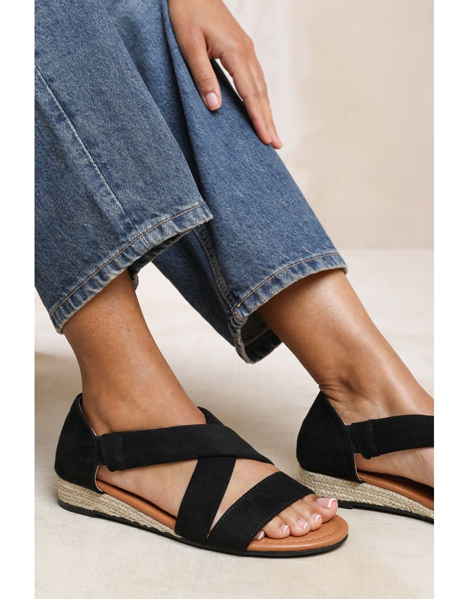 HUMMINGBIRD WIDE FIT LOW WEDGE SHOES WITH CROSS OVER STRAP IN BLACK SUEDE - 1