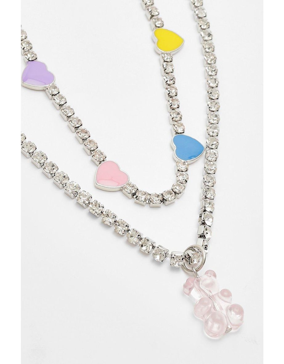Diamante Double Row Heart And Bear Choker - silver - 2