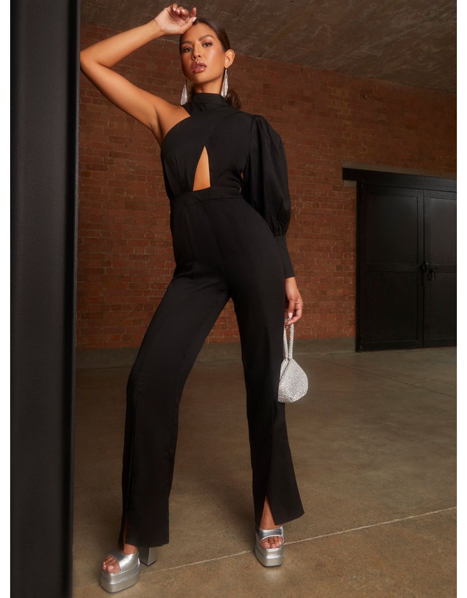 One Sleeve Cut-Out Jumpsuit in Black