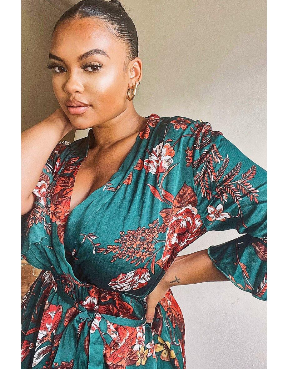 Plus Oriental Floral Wrap Belted Dress - green - 2