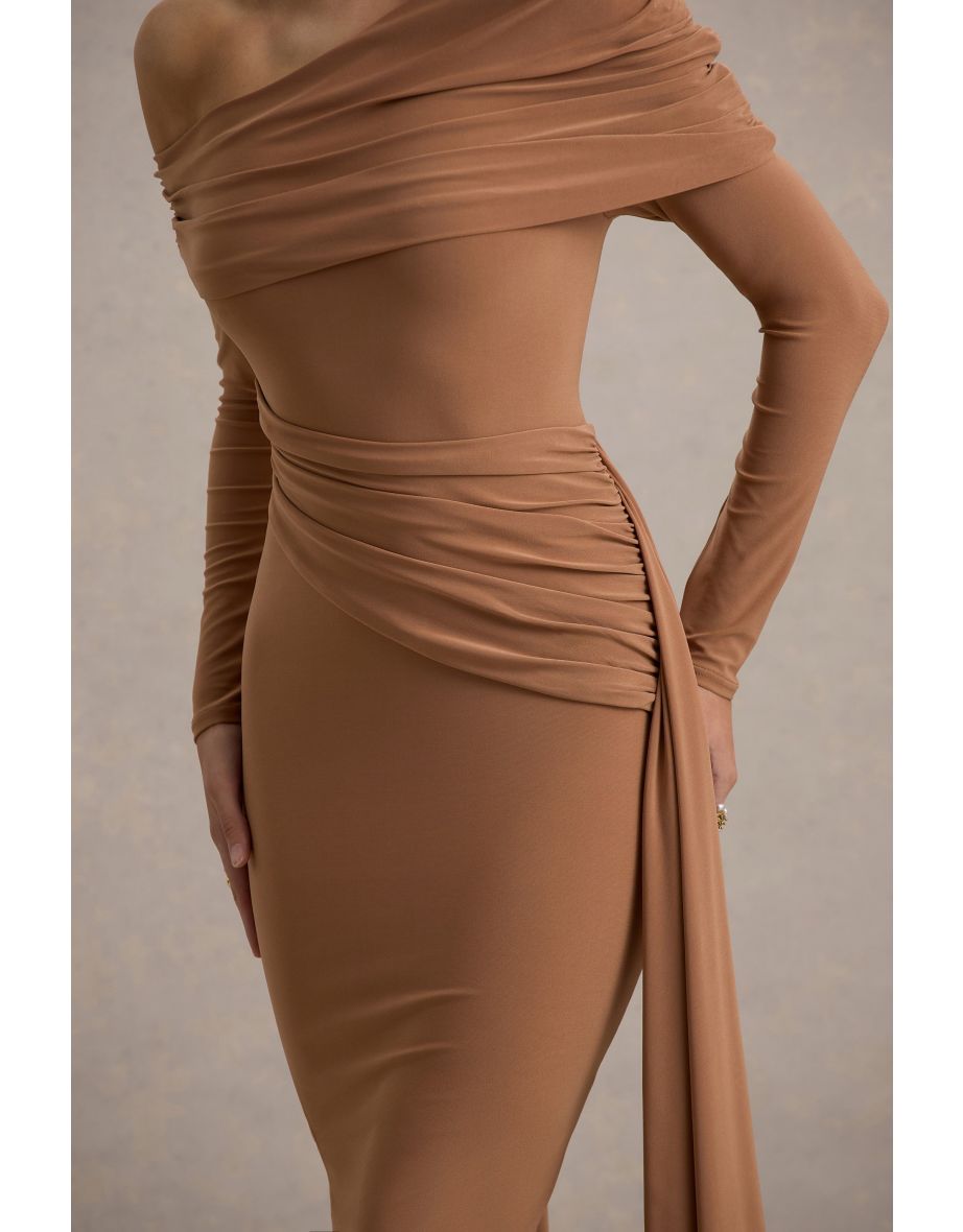 Valina | Brown Ruched Asymmetric Maxi Dress With Drape - 5