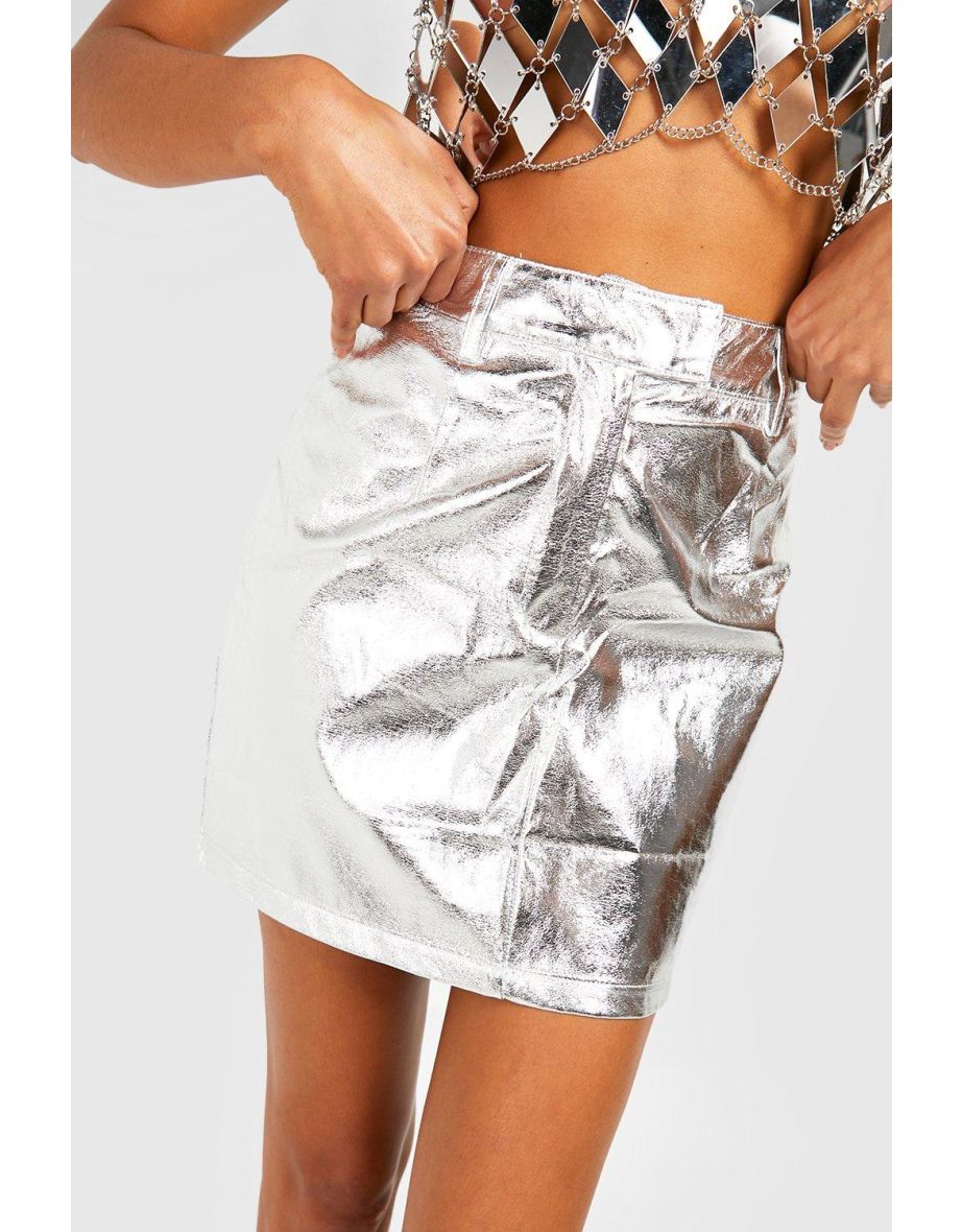 Metallic Leather Look Micro Mini Skirt - silver - 3