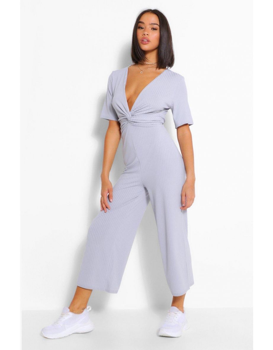 Ribbed Twist Front Volume Sleeve Culotte Jumpsuit - grey
