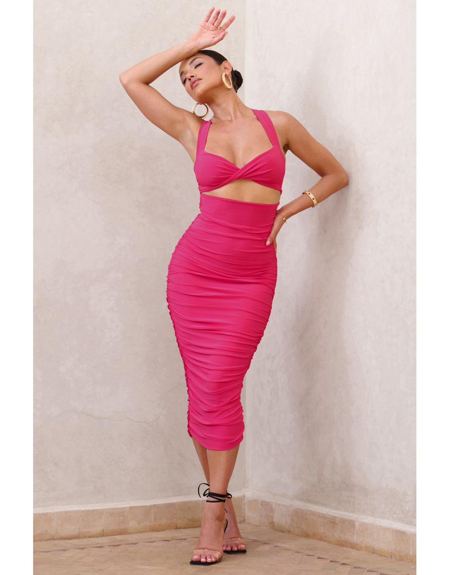 Embody | Hot Pink Ruched Midi Dress - 4