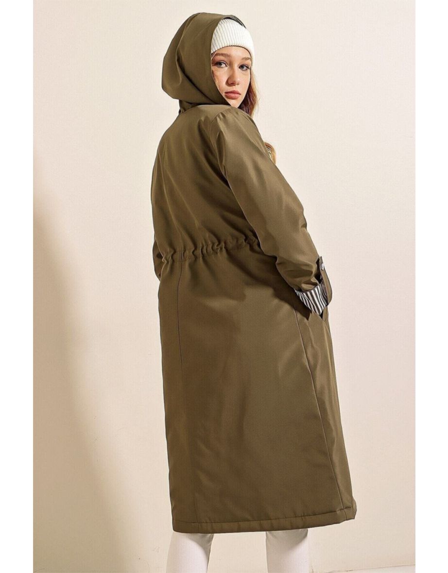 Gathered Waist Hooded Trench Coat - Khaki - 4
