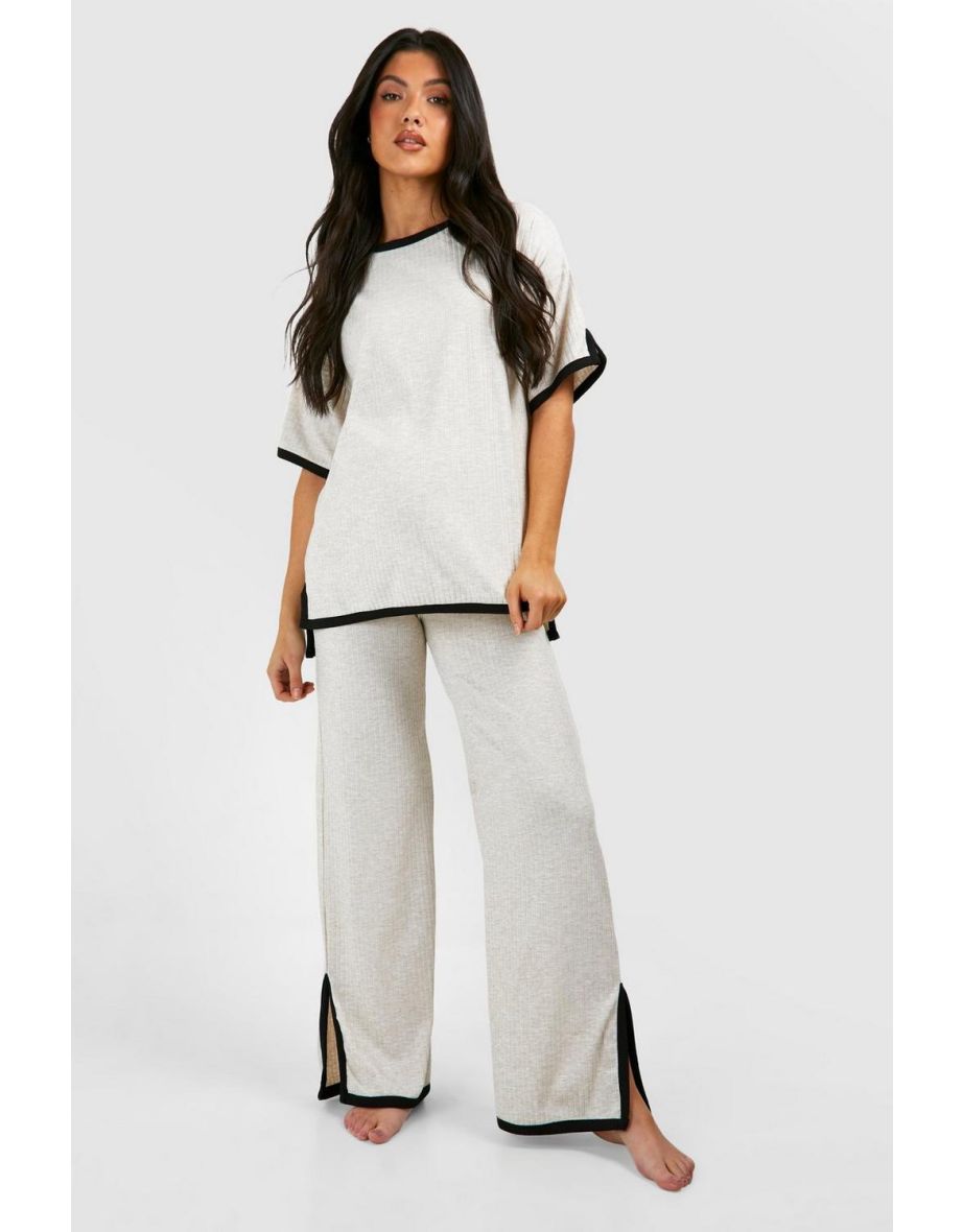 Maternity Contrast Binding Rib Loungewear Set - oatmeal