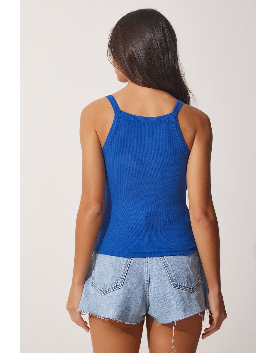 Women's Blue Ribbed Crop Halterneck Knitted Singlet - 3