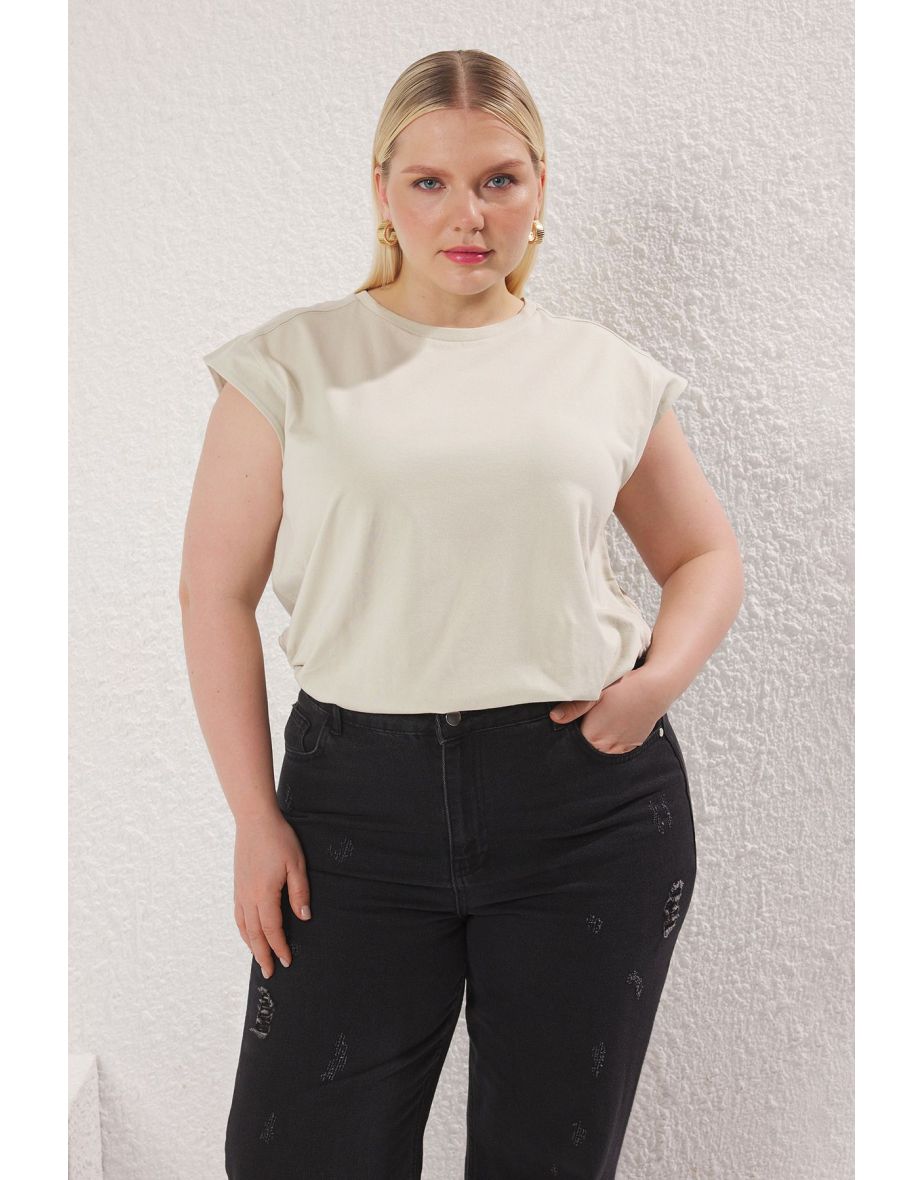 Beige Regular Fit 100% Cotton Knitted Plus Size T-shirt