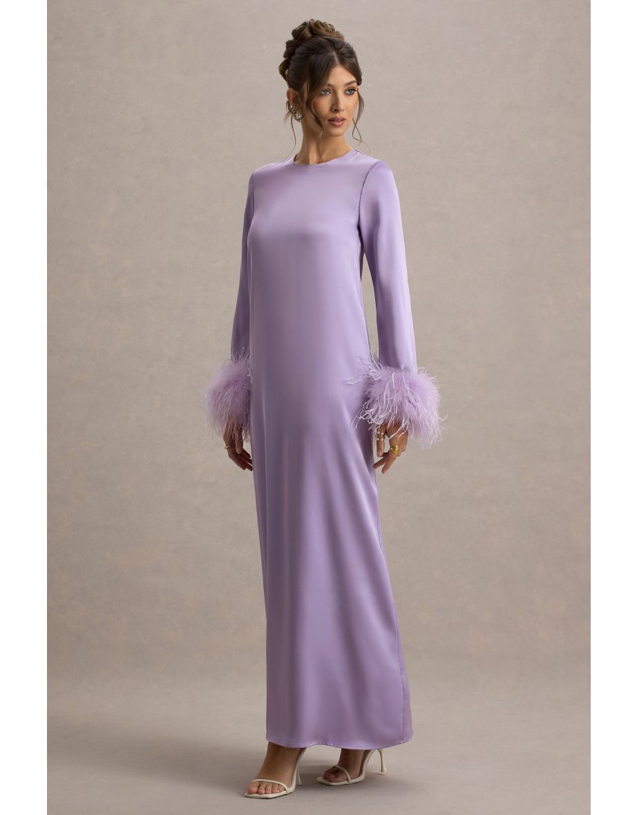 Adella | Lilac Satin Feather-Trim Maxi Dress