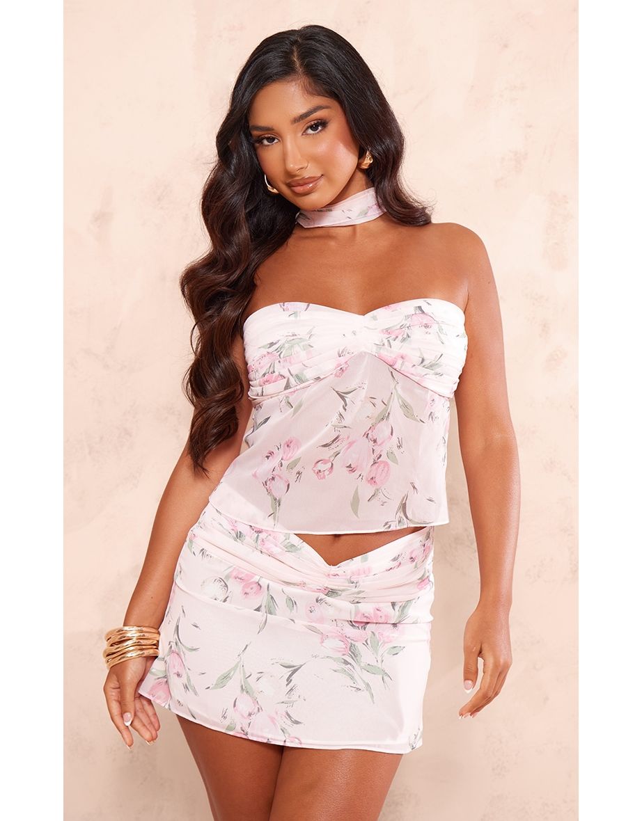 Petite Baby Pink Printed Mesh Bandeau Top