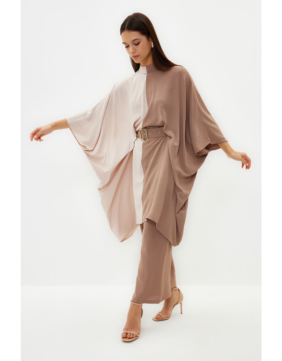 Mink Color Block Waist Belted Tunic-Pants Woven Suit - 4