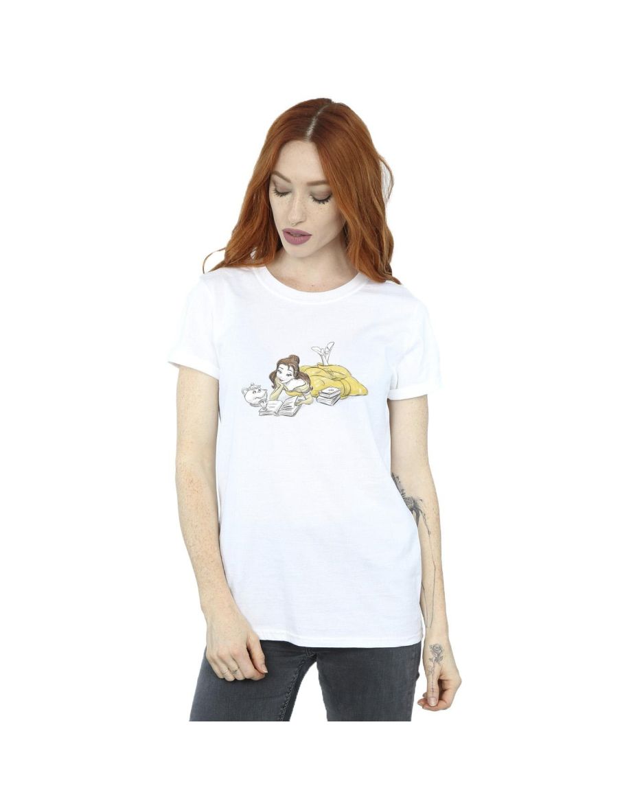 Disney Womens/Ladies Beauty And The Beast Belle Reading Cotton Boyfriend T-Shirt - White