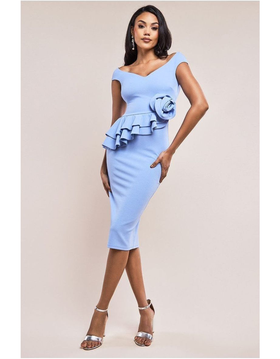 Goddiva Scuba Crepe Rose Frill Midi Dress - Corn Flower