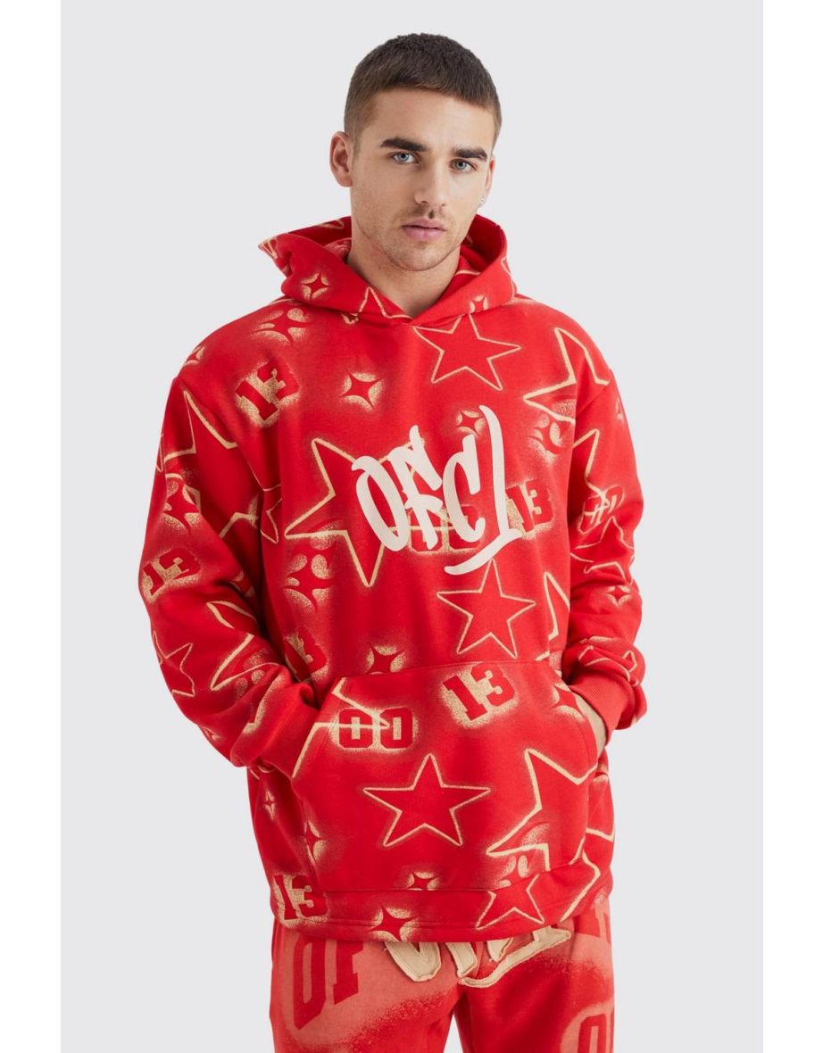 Oversized All Over Graffiti Ear Hoodie - red