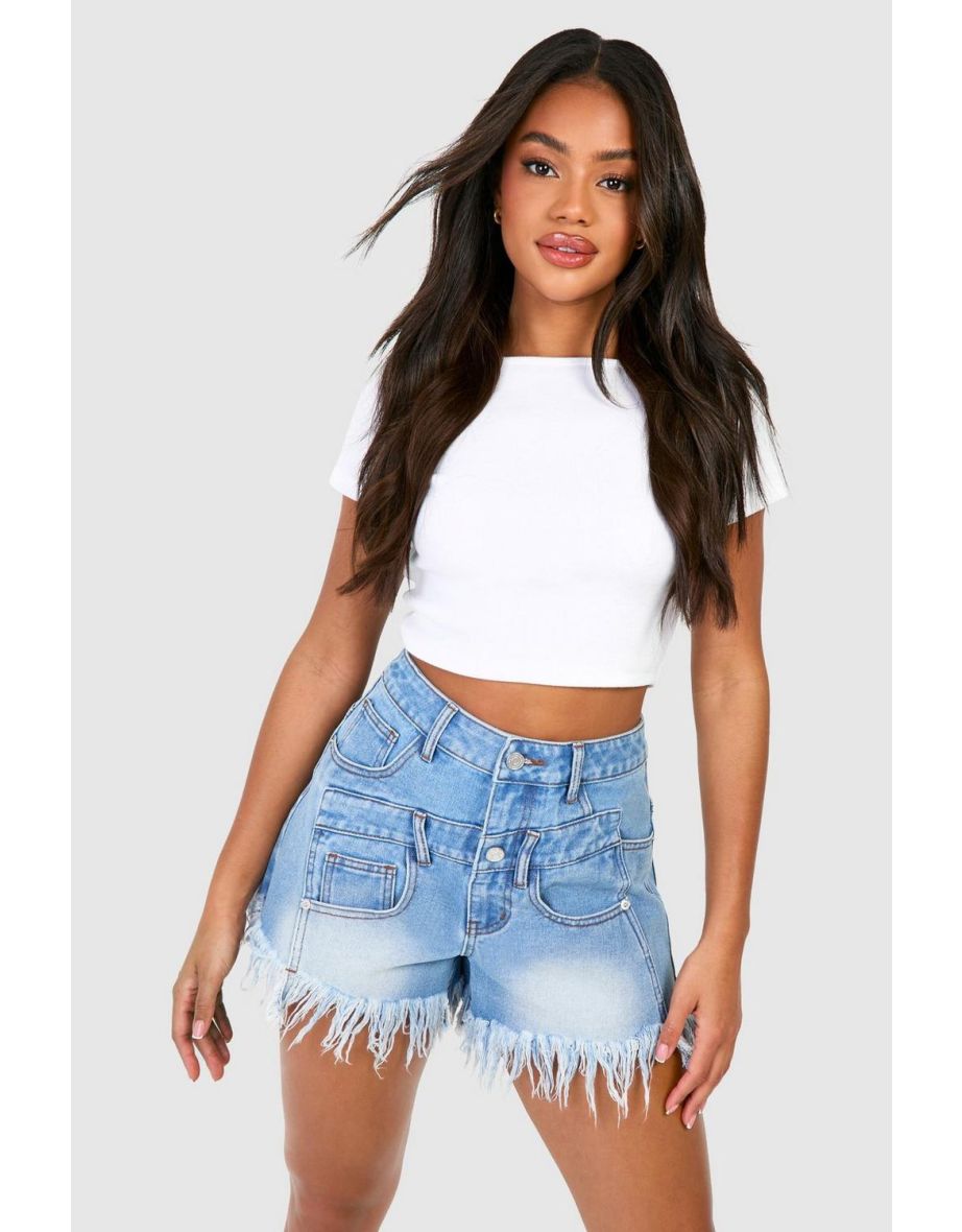 Double Waistband Detail Fray Hem Denim Shorts - blue