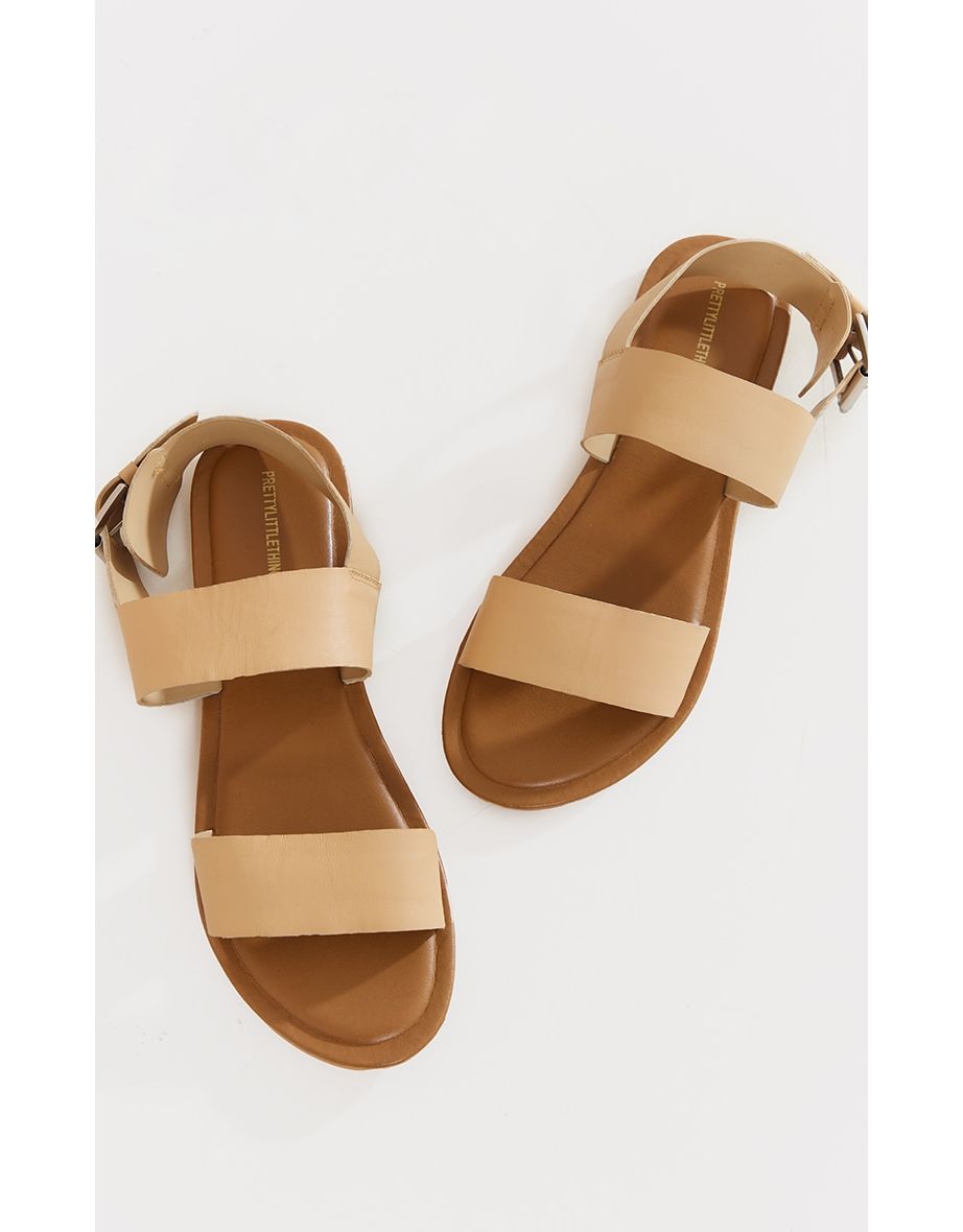 Cream Wide Fit Leather Thick Double Strap Buckle Fastening Flat Sandals - 3