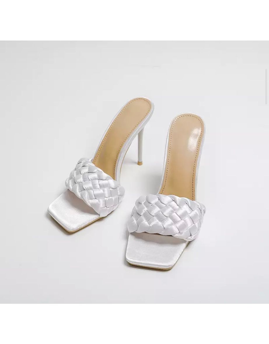 WHITE SATIN BRAIDED SQUARE TOE HIGH HEEL SANDALS - 4