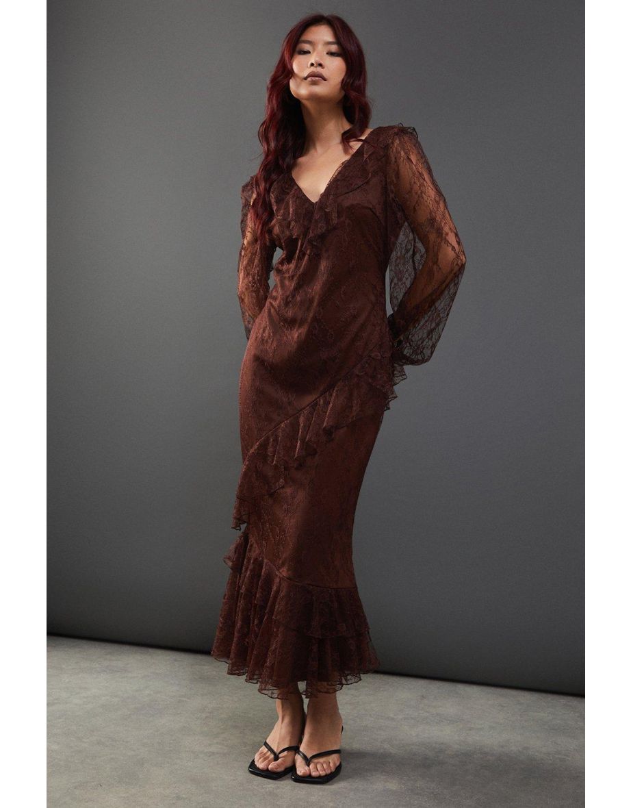 Lace V Neck Ruffle Dress