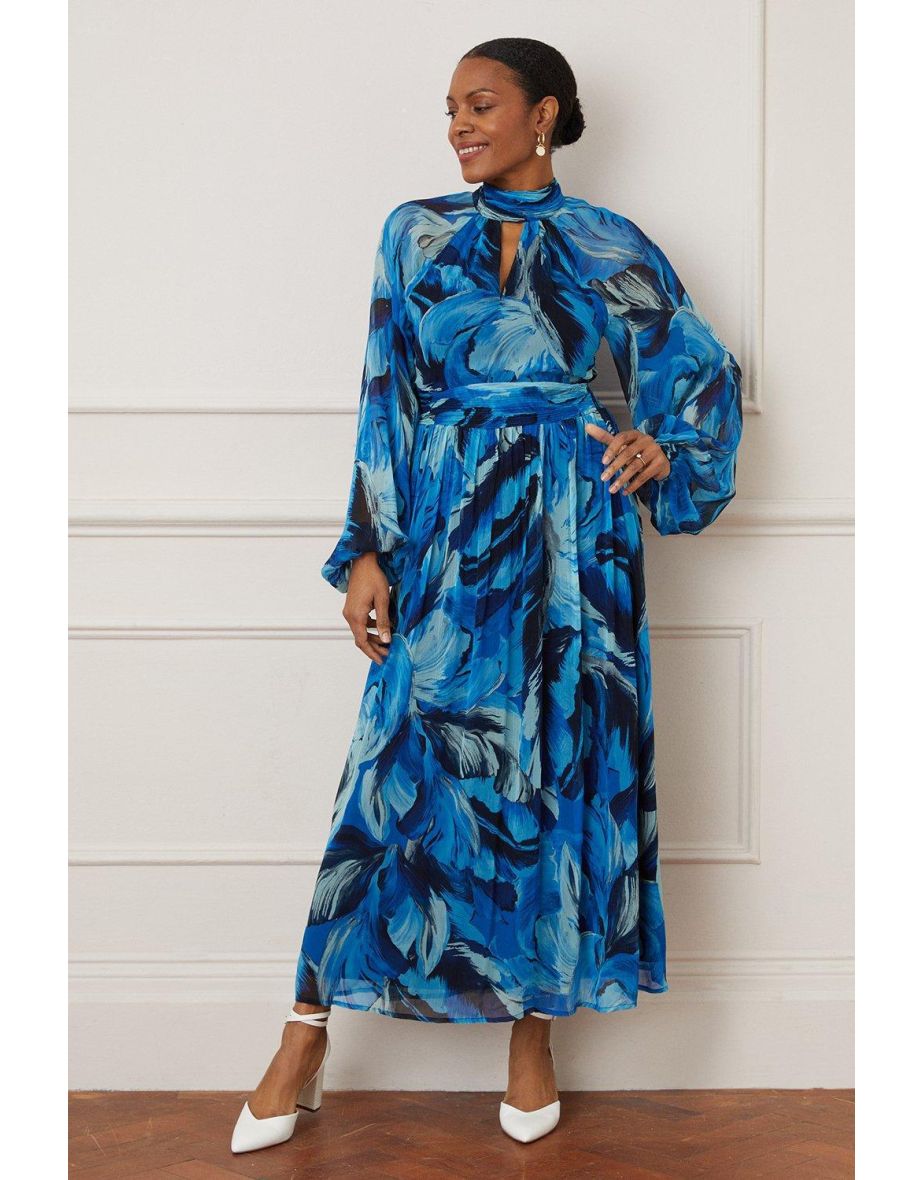 Feather Print Tie Back Midi Dress