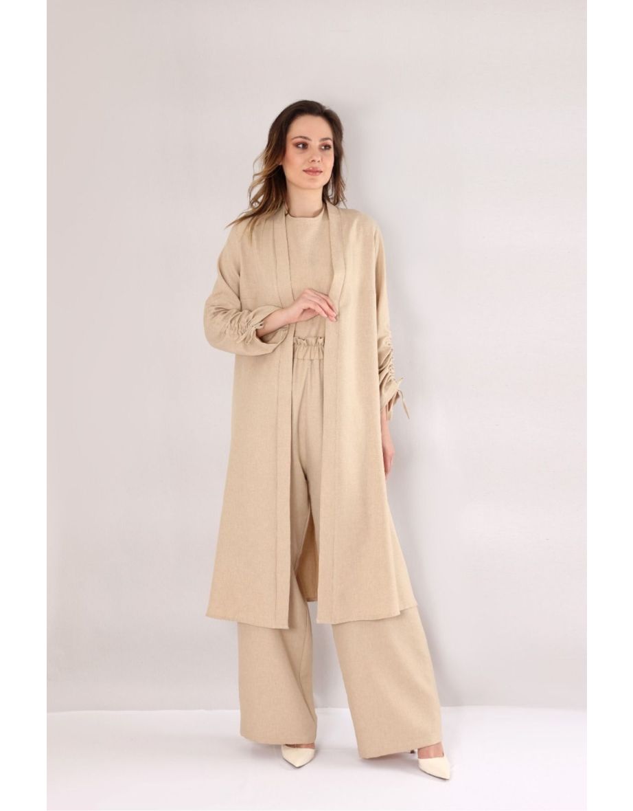 Women's Beige Pants Kimono Caftan Set