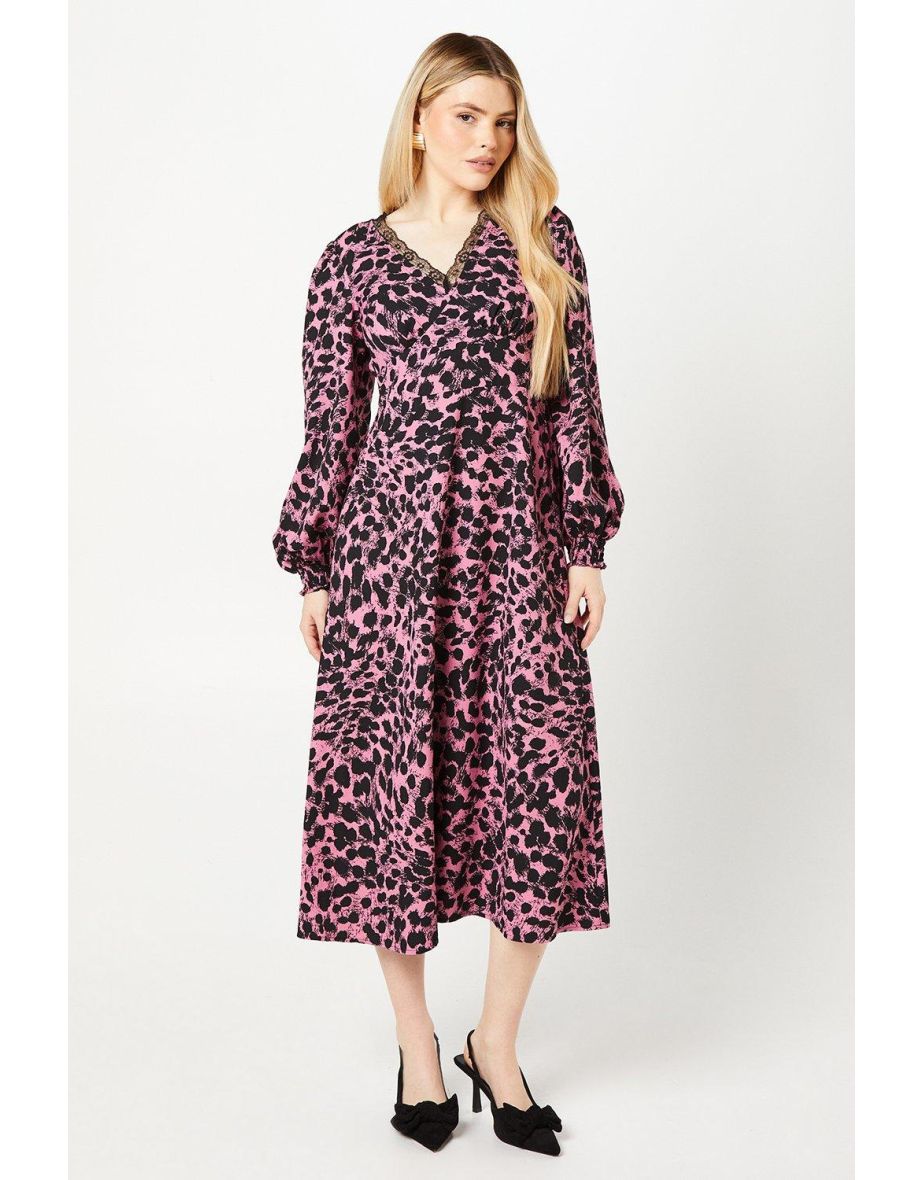 Pink Abstract Lace Trim Midaxi Dress