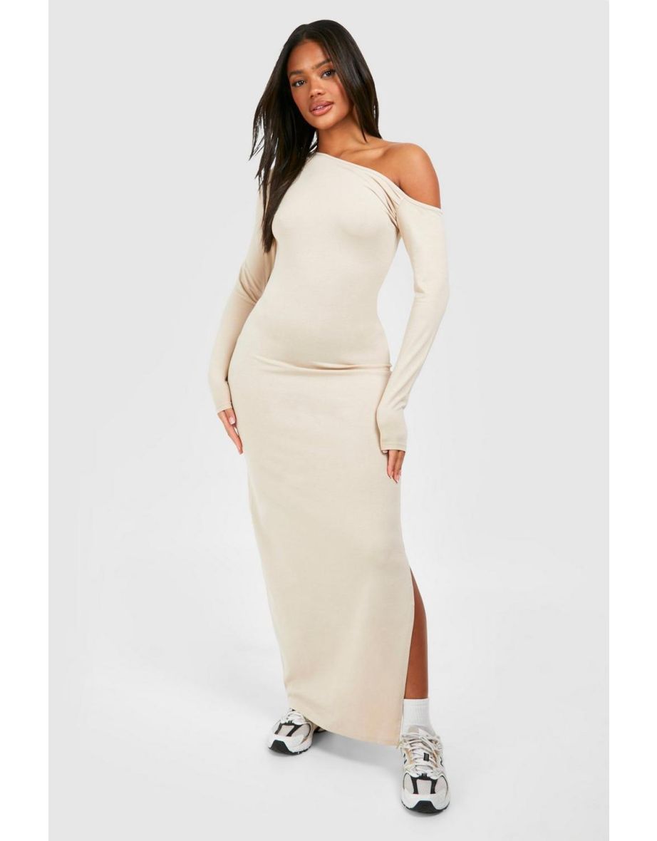 Shop Ruched Bardot Long Sleeve Maxi Dress stone Online in Bahrain VogaCloset