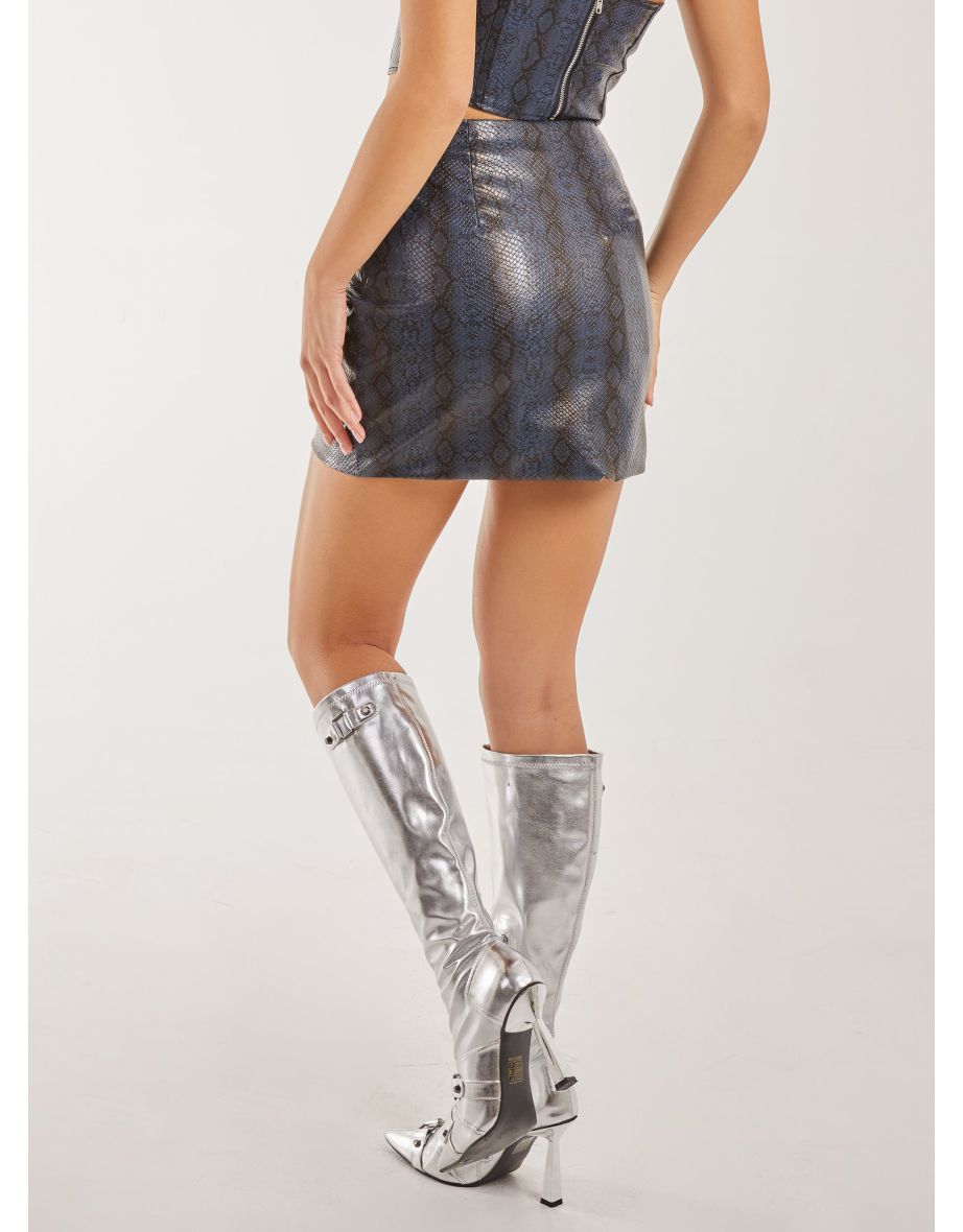 PU Snake Print Bandeau Mini Skirt With Split - 3